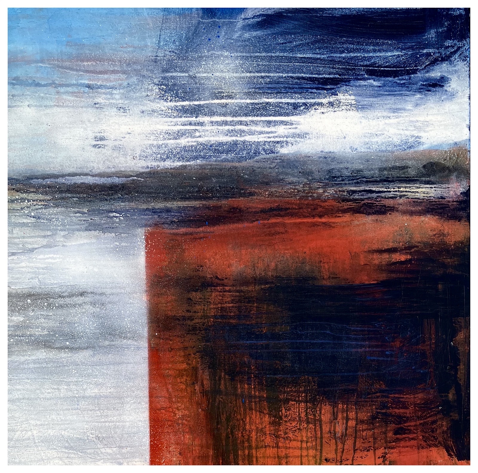 'Mawddach, Looking Back' Acrylic and mixed media on canvas 74x74cm white wood frame.